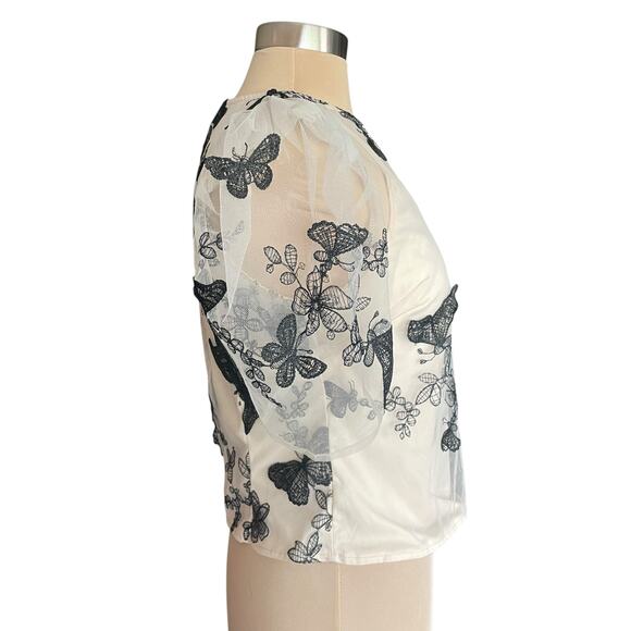 Story On Beige Tulle Satin Butterfly Applique Puff Sleeve Top LG Fairy Cottage - Picture 2 of 9